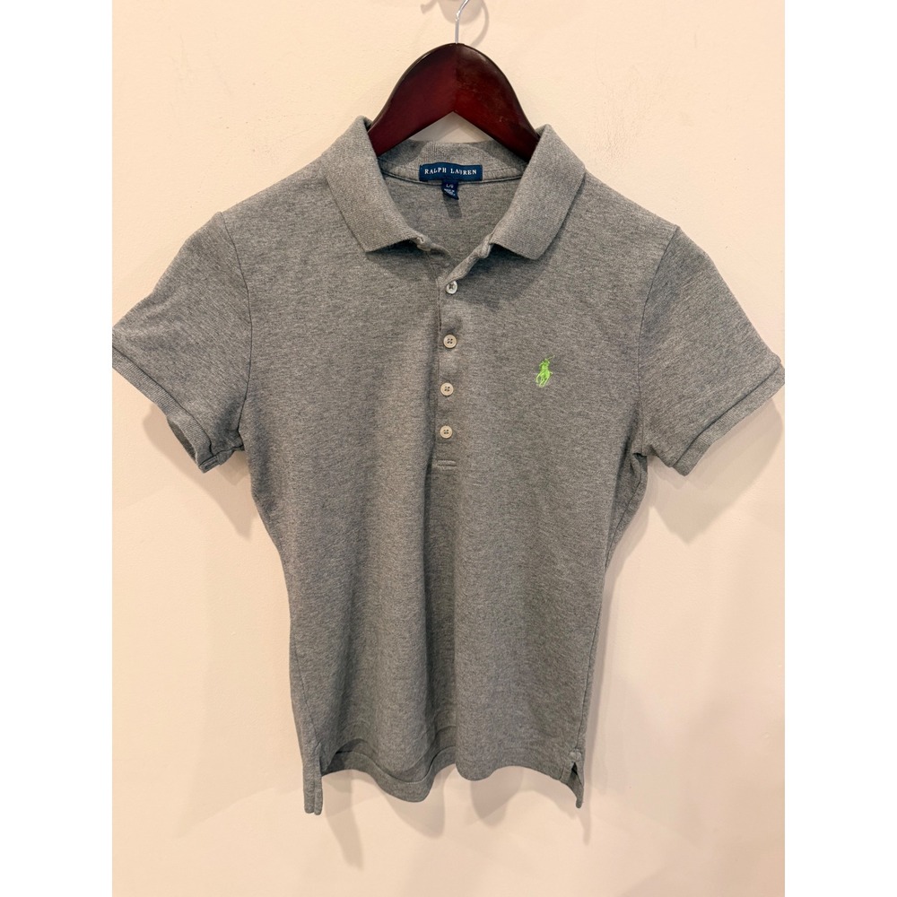Ralph Lauren Womens Large Polo Shirt Gray Lime Green Pony Short Sleeve Pique L/G